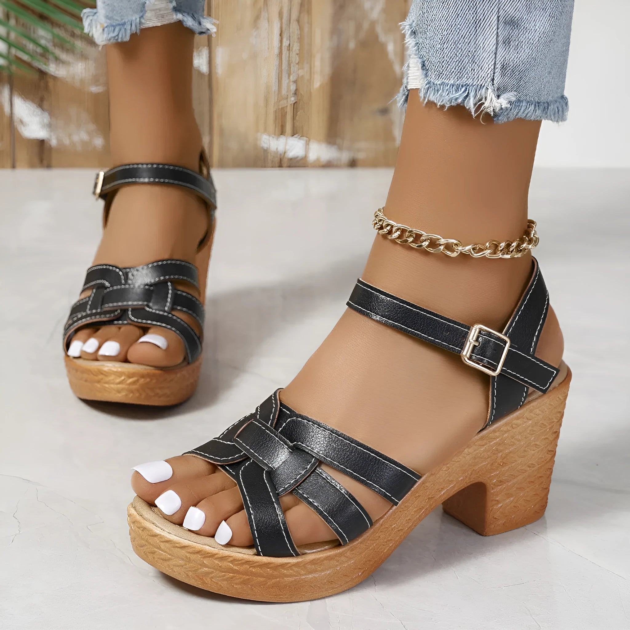 Plus size women's peep toe chunky heel sandals with ankle buckle in black brown and white PU upper