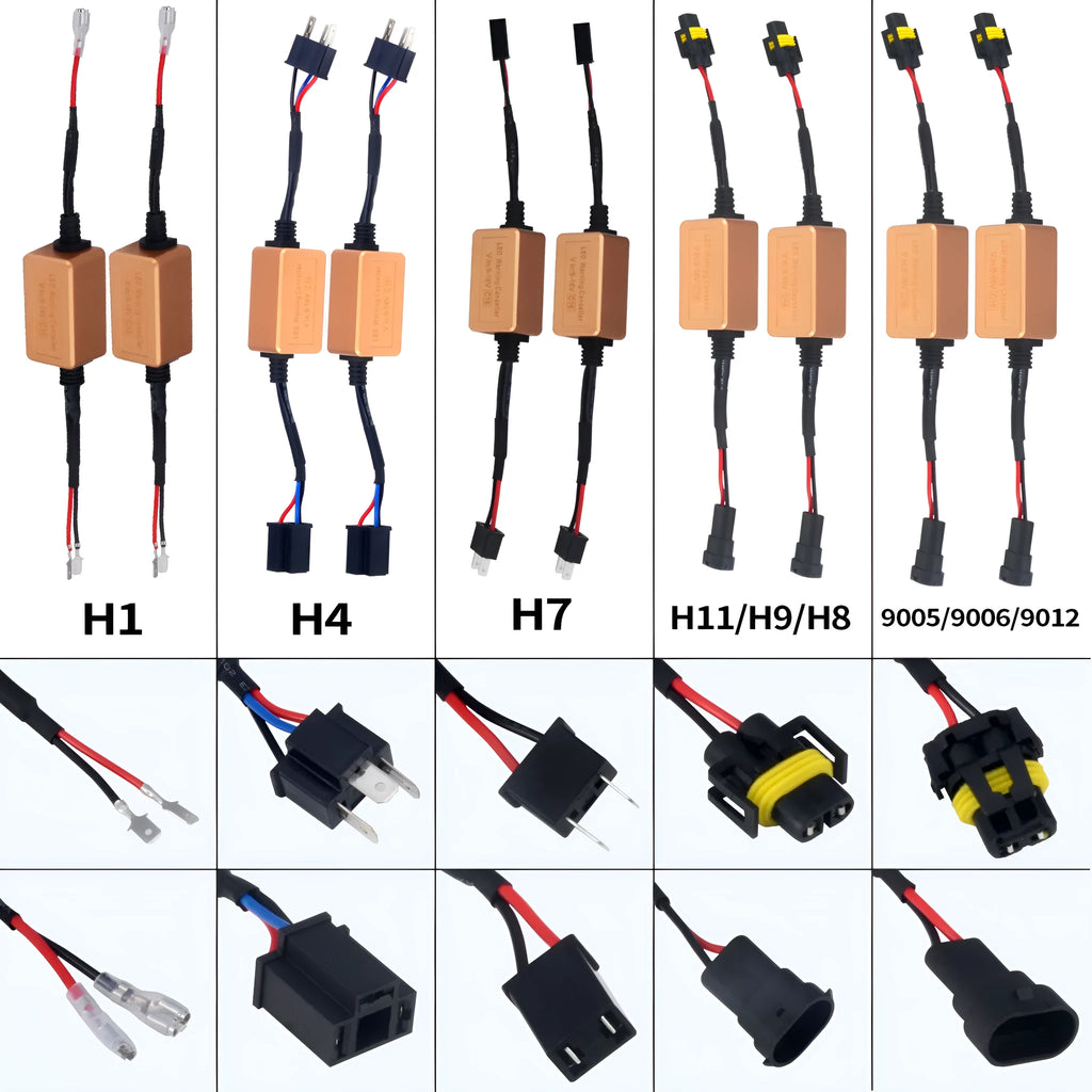 Black alloy Canbus decoder for H4 H7 H11 LED car headlights to fix flicker and error codes.