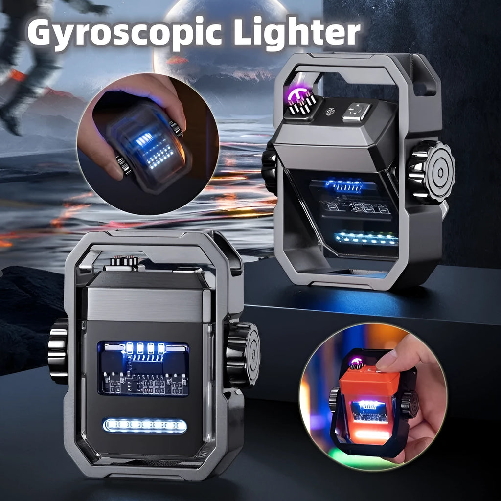 Blue folding electric arc lighter with a mechanical gyroscope, showing windproof double arcs and USB Type-C port.