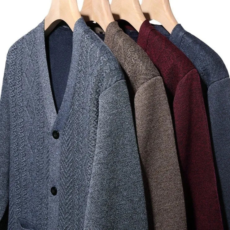 Men's striped cardigan sweater in brown, showing long sleeves, wool lining, and button front.