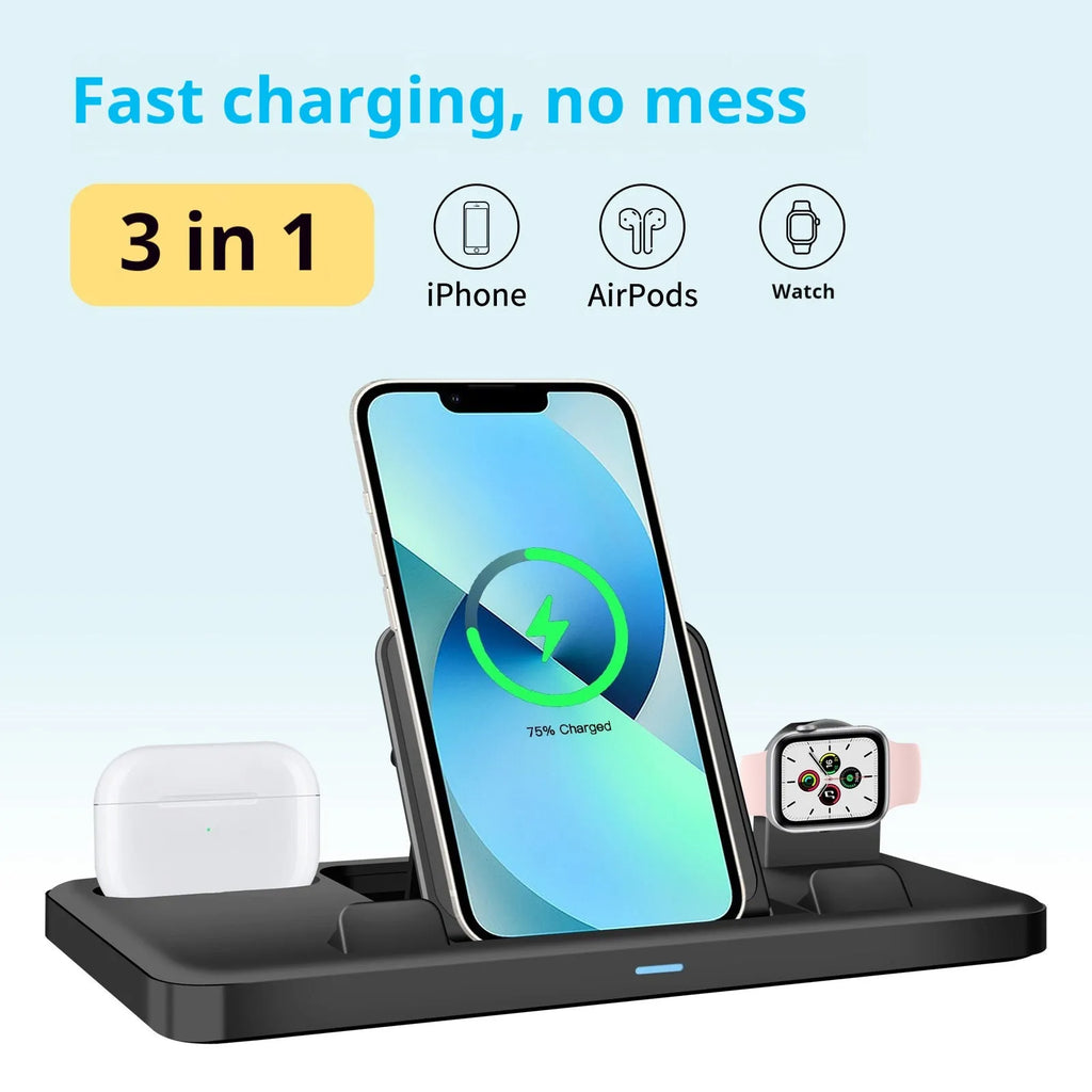 Three-in-one charging base for mobile phone and tablet, black ABS, with devices placed in the stand