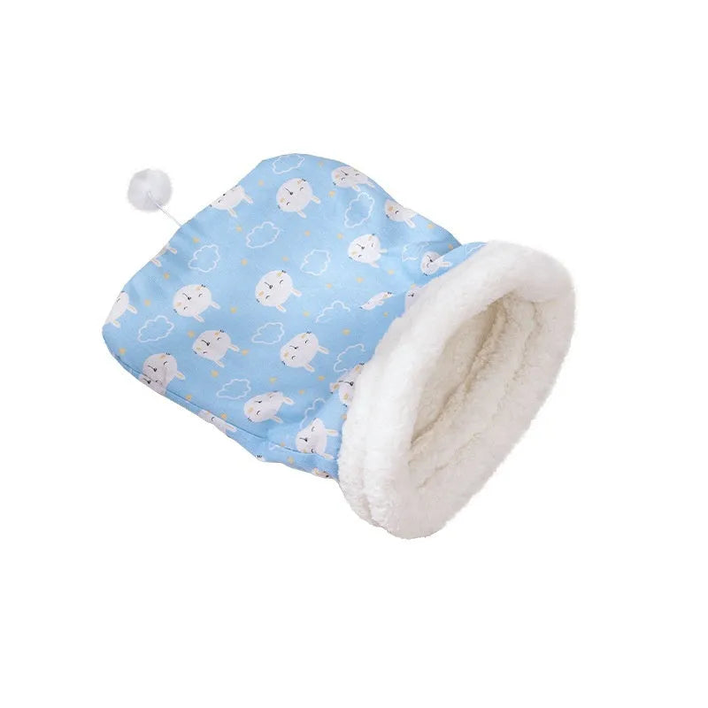 Cat sleeping bag nest with removable flannel cover in blue rabbit design