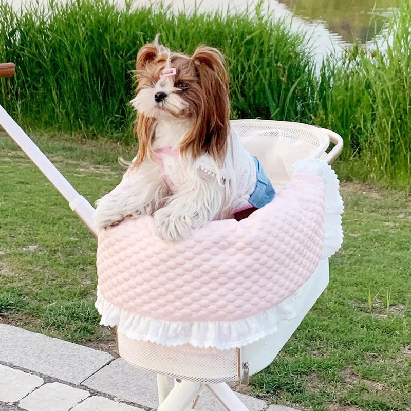 Pure cotton pet stroller three-piece set showing anti-dirty towel, cushion and pillow in striped pattern