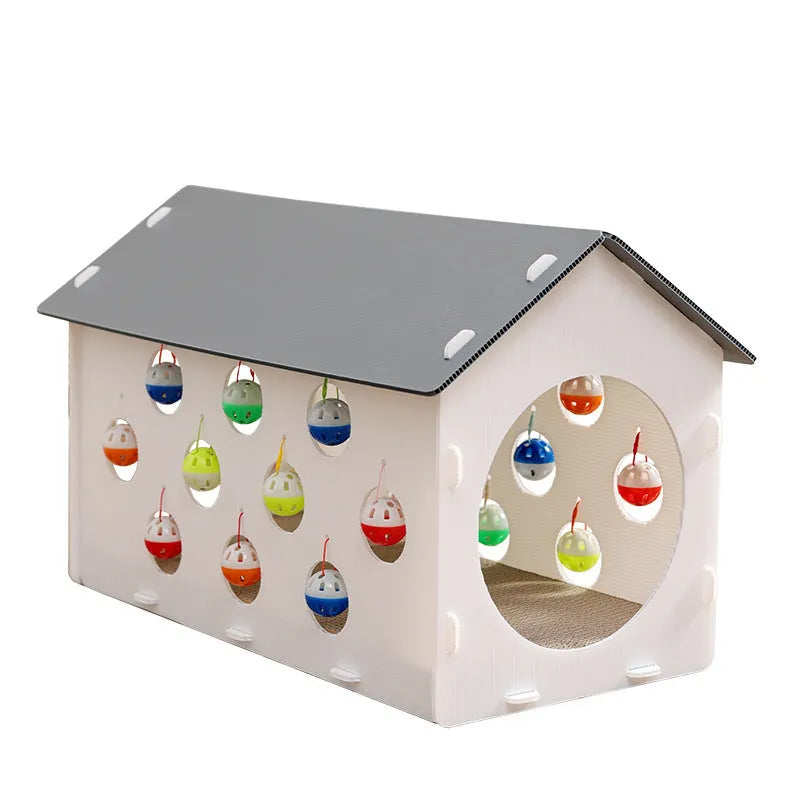 Integrated plastic cat scratch board toy with bell ball, tunnel, and sleeping nest for indoor cats