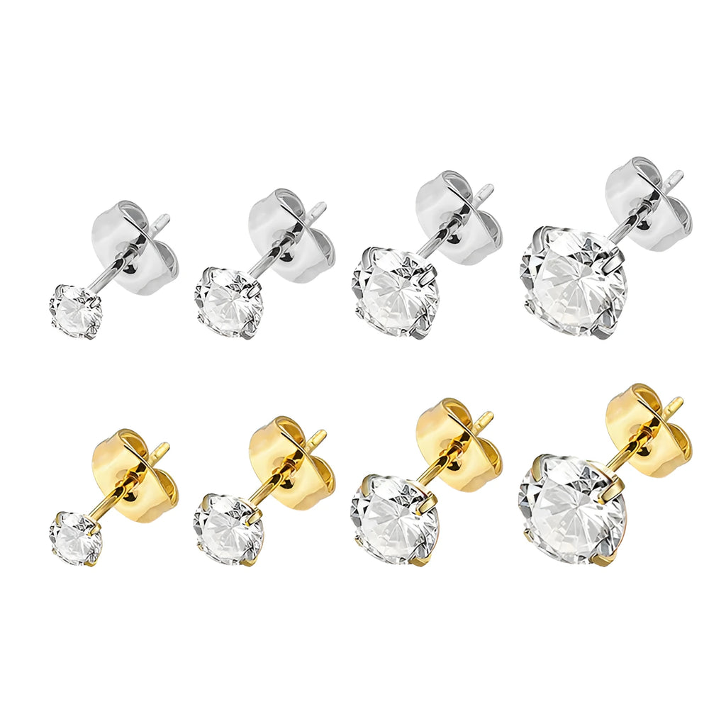 A pair of simple geometric stud earrings made from stainless steel with a zircon stone.