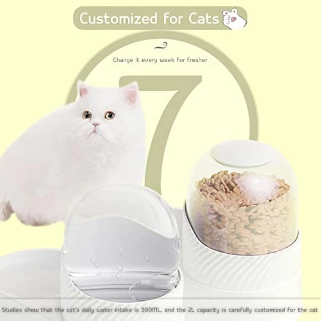 White automatic cat feeder and water dispenser set with wave-patterned shell.