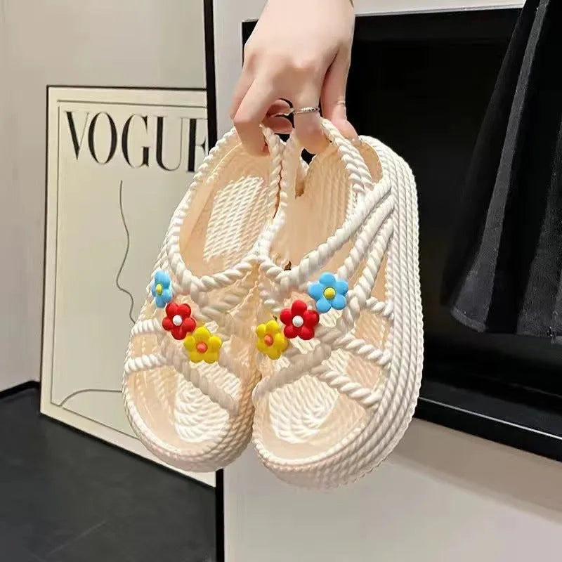 PVC non-slip sandals with flower pattern in beige, round head, lightweight design for women