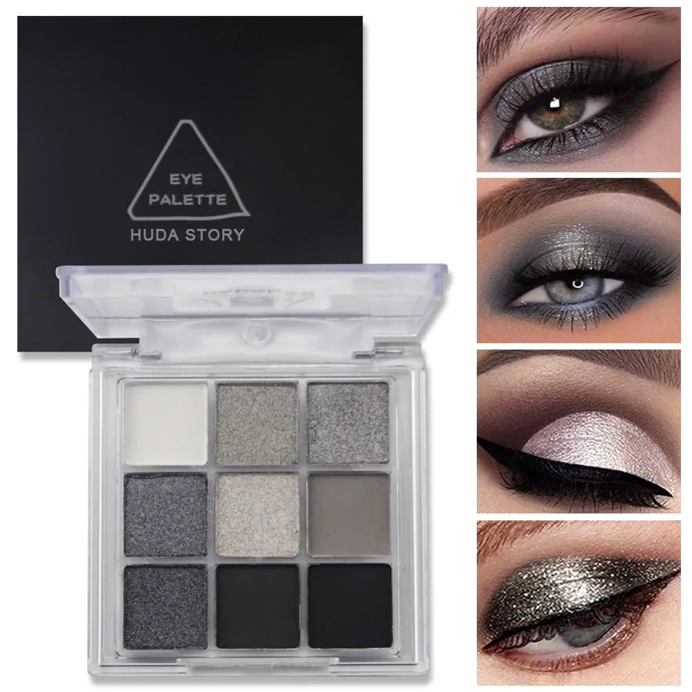 Nine-colour smoked eye shadow palette showing pressed powder shades including white, silver, black, and grey.