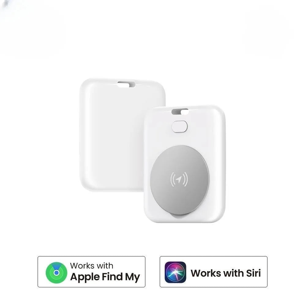 White ABS anti-lost locator pet tracking device for Apple users with alarm function on blue background