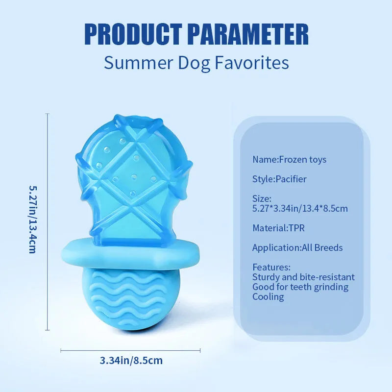 Summer ice cold dog popsicle cooling pet toy set with water-filled stick, pacifier, popsicle, and ring shapes