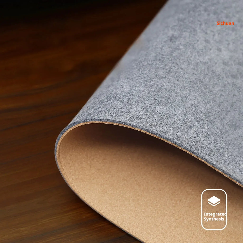 Felt cork desk mat in grey on a wooden desk, showing non-slip base and simple Japanese style design.