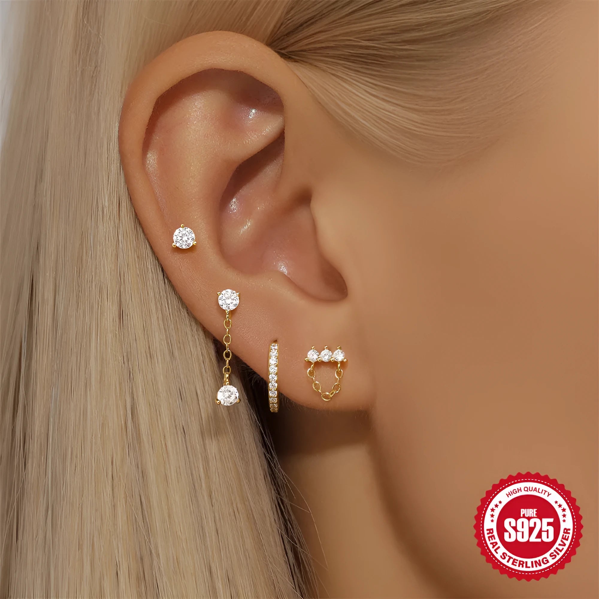 S925 sterling silver geometric clover petal earrings with an electroplated gold finish.