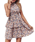 Women's halter neck backless summer dress in A-line silhouette with ruffle detail
