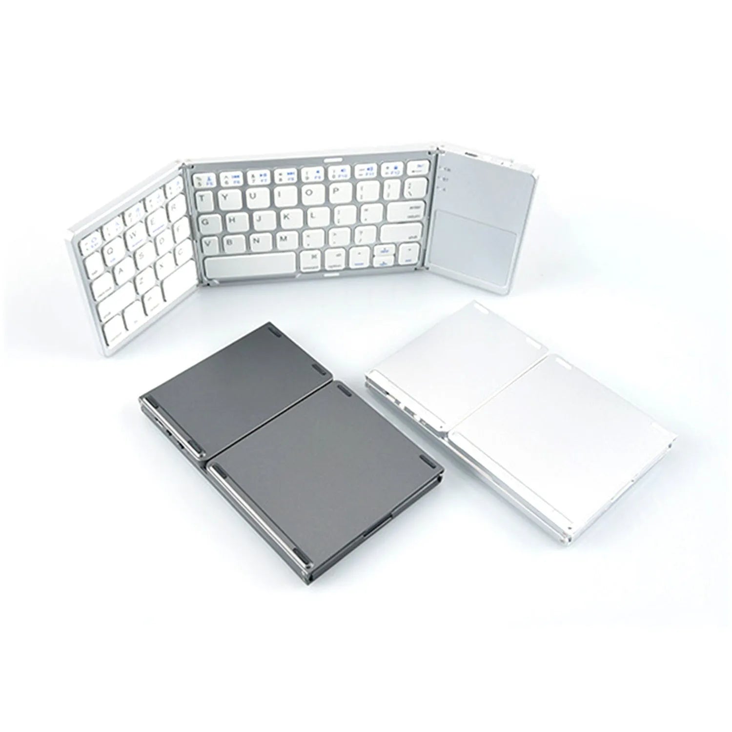 Black mini tri-fold Bluetooth keyboard shown open and folded, highlighting its thin 0.8cm profile.