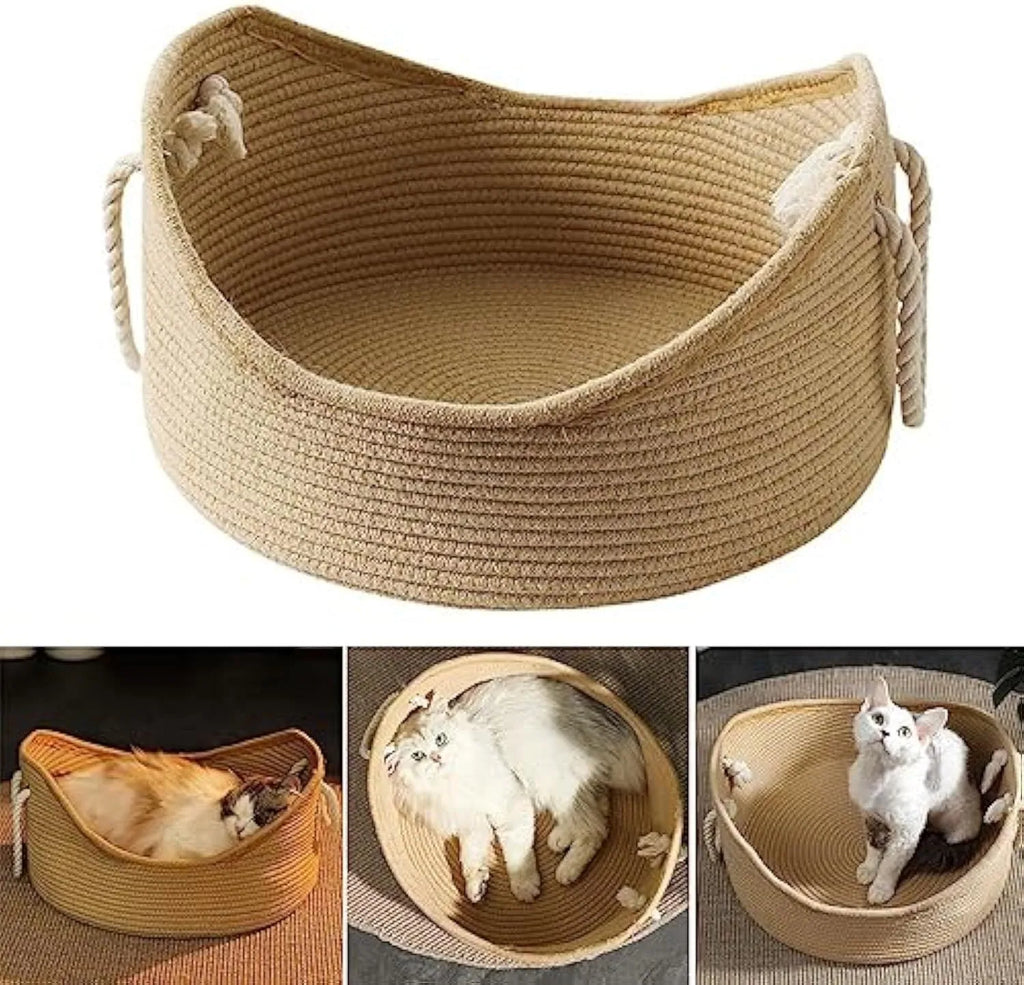 Wicker cat bed basket with integrated corrugated scratching board in natural material