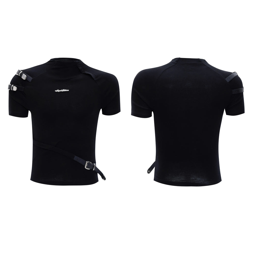 Men's slim fit cotton T-shirt with metal belt collar design in white or black colour