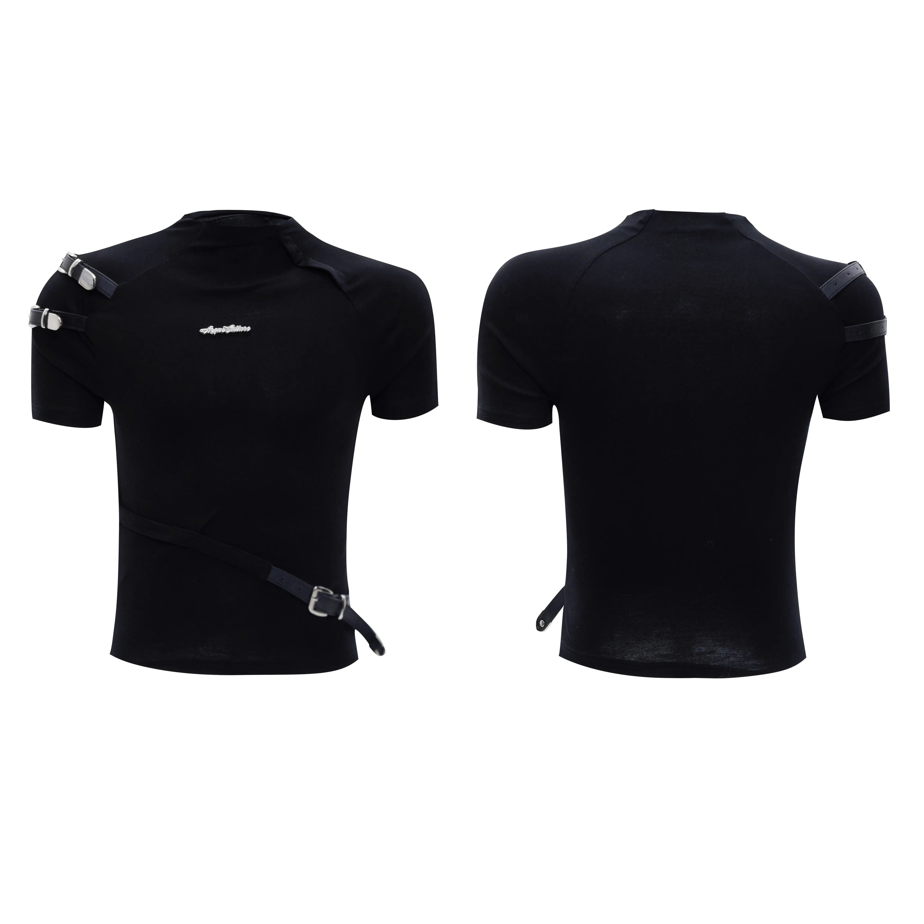 Men's slim fit cotton T-shirt with metal belt collar design in white or black colour