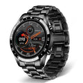 Smart watch with stainless steel wristband and 1.3-inch touchscreen display showing step count interface