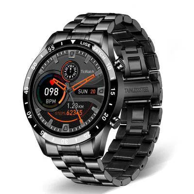 Smart watch with stainless steel wristband and 1.3-inch touchscreen display showing step count interface