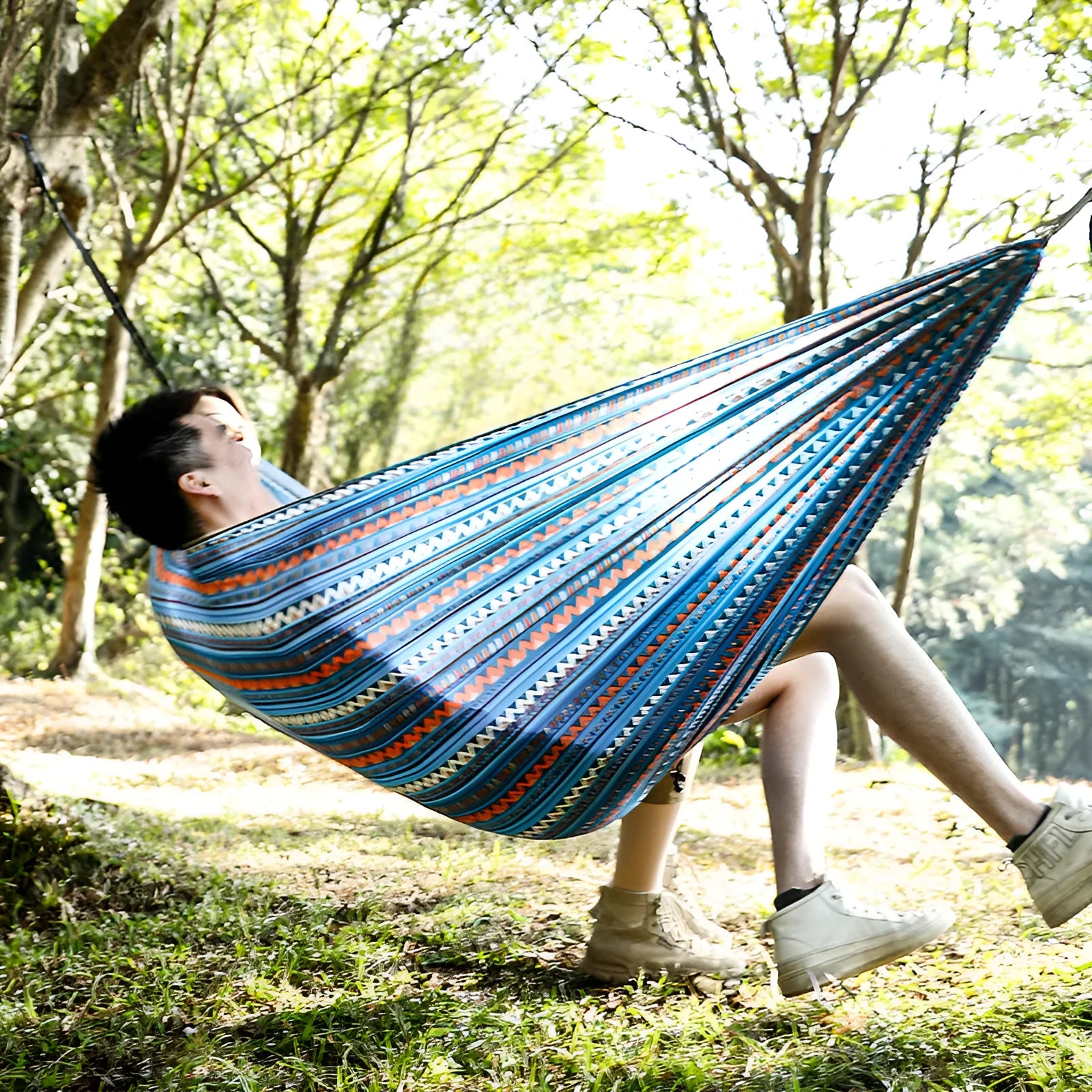 Parachute cloth printing park camping hammock in bohemian yellow and blue, 260x140cm, 200kg load capacity