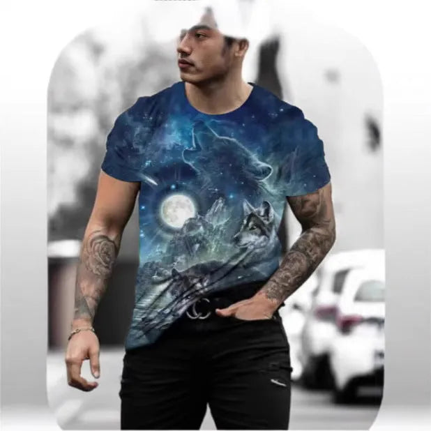 Men's grey short-sleeved T-shirt with a retro-style 3D digital print of a wild animal on the front.