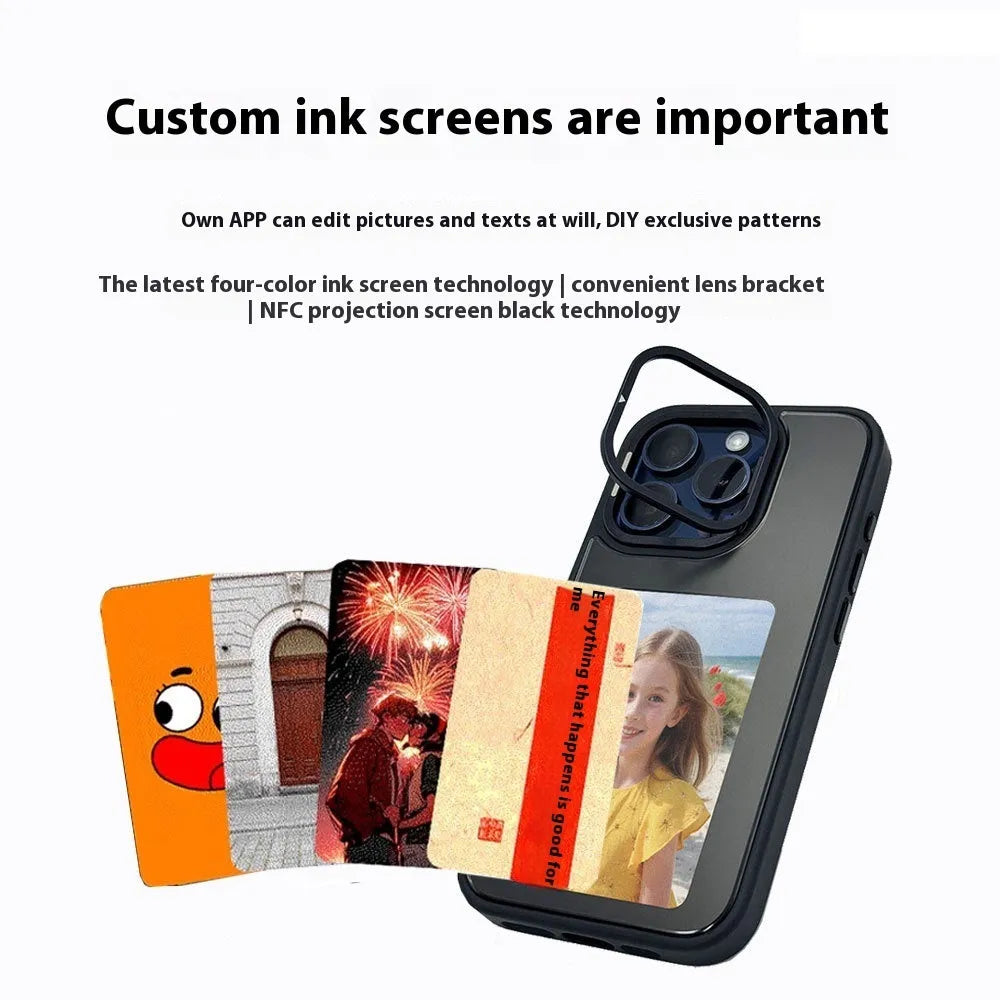 NFC projection screen four-color e-ink bracket phone case for iPhone in graphite black with custom display