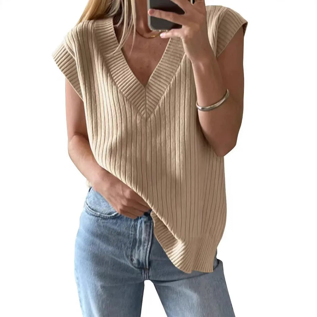 V-neck sleeveless loose pullover vest in striped viscose fabric