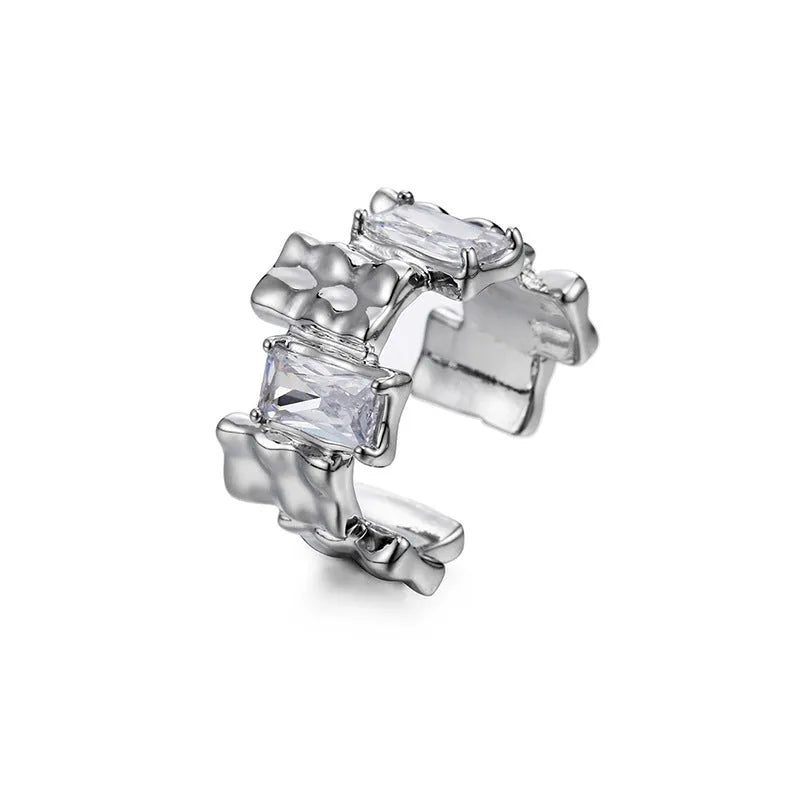 Open geometric silver ring with cross zircon pattern in retro style