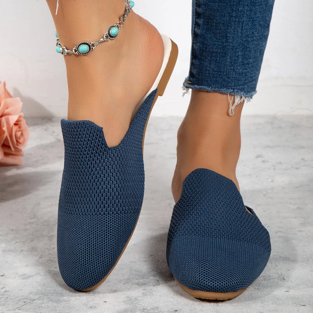 Mesh slip-on flat sandals in apricot, blue, and green colours showing round toe and rubber sole.