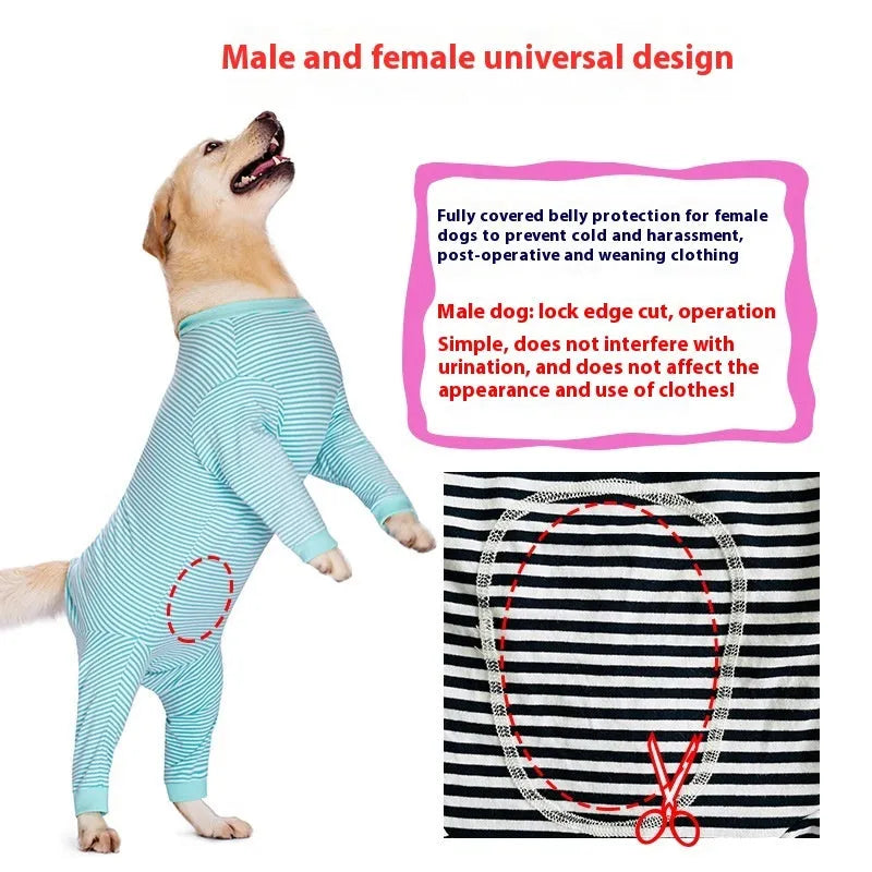 Four-legged striped dog shirt for Golden Retrievers and Labradors in polyester fabric