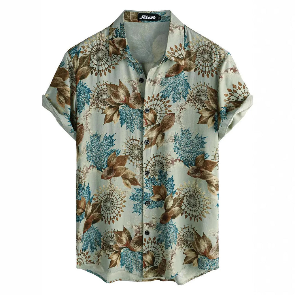 Hawaiian print short sleeve shirt with floral pattern and lapel design in street fashion style