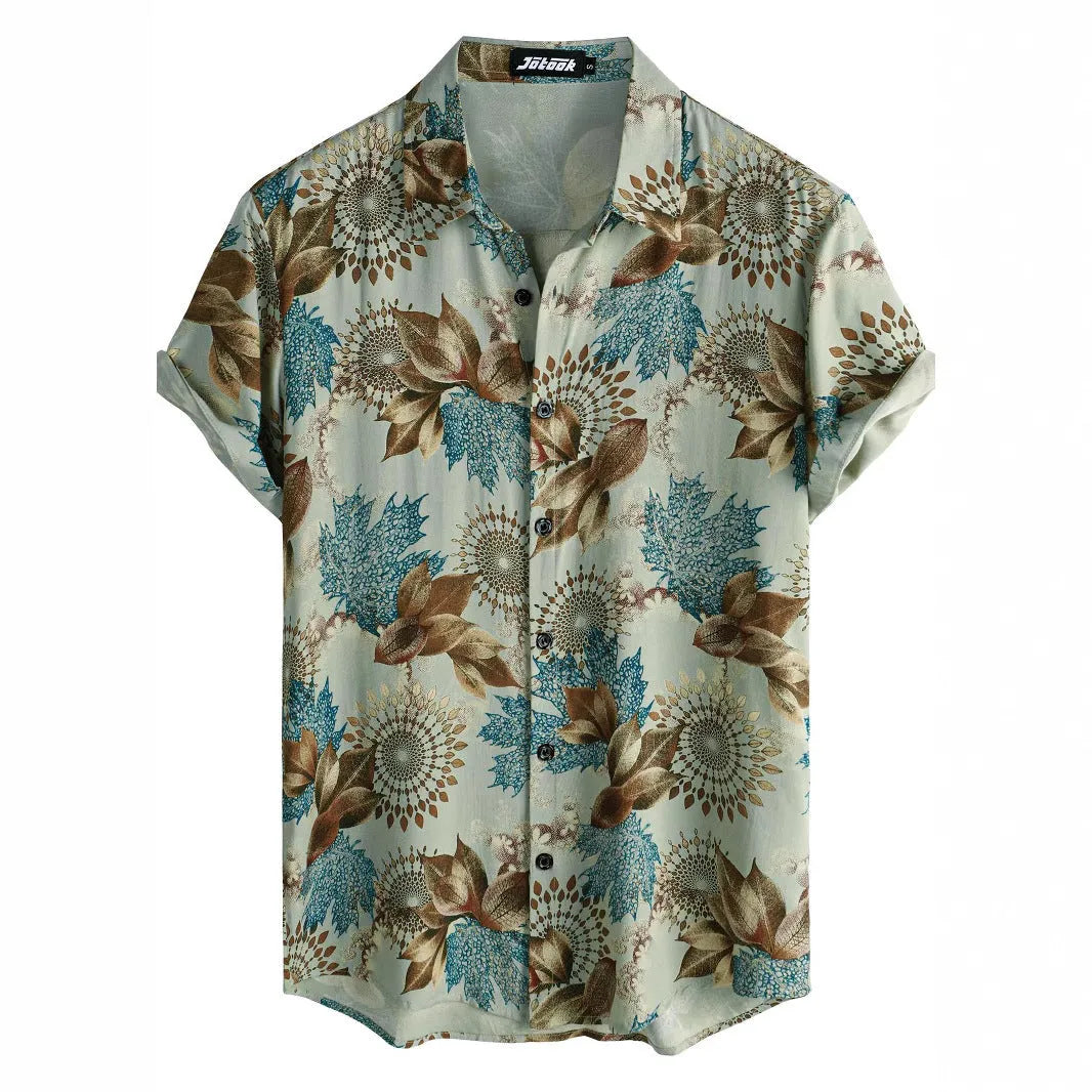 Hawaiian print short sleeve shirt with floral pattern and lapel design in street fashion style