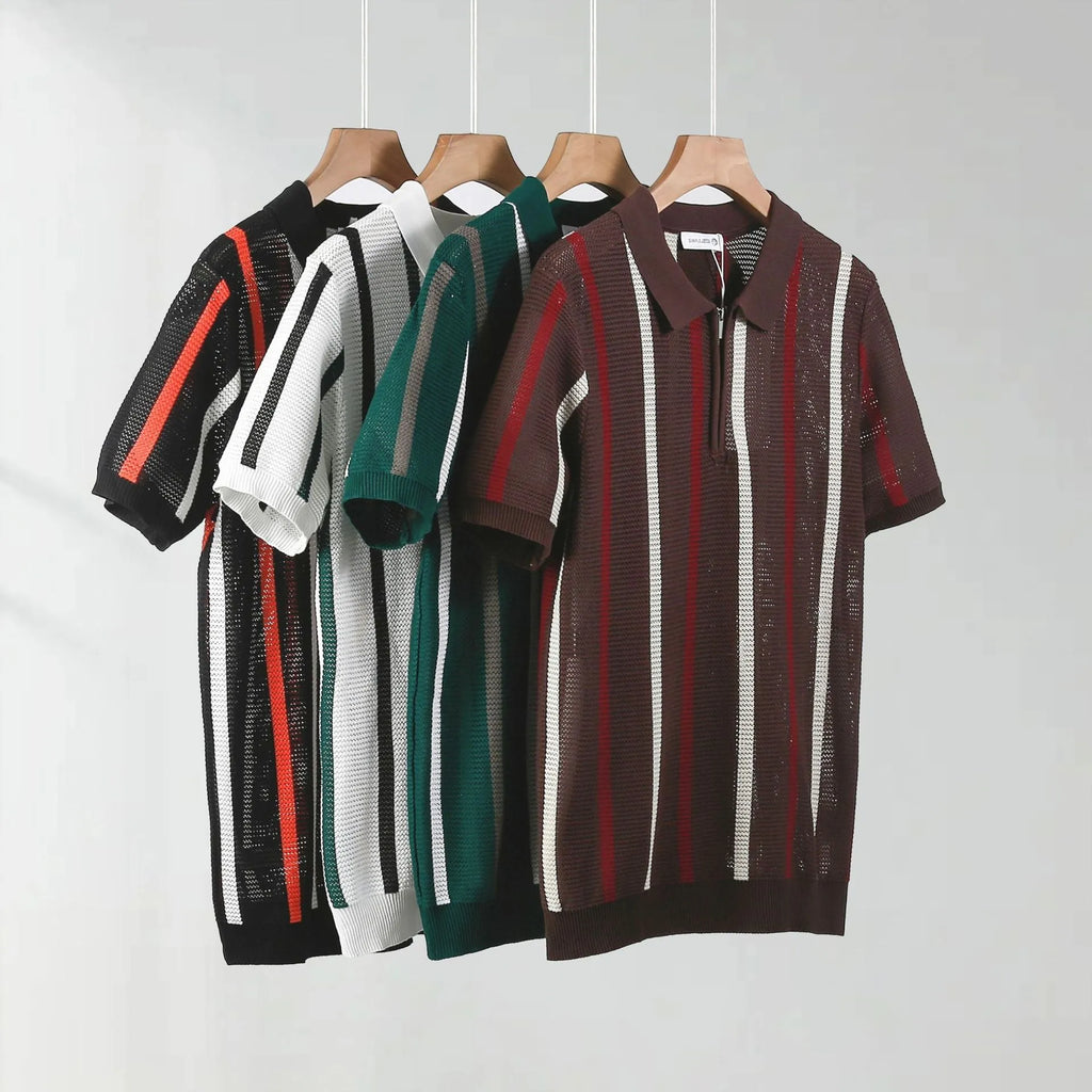 Hollow mesh short-sleeved knitting polo shirt in ice silk fabric with zipper detail, loose fit, summer casual wear