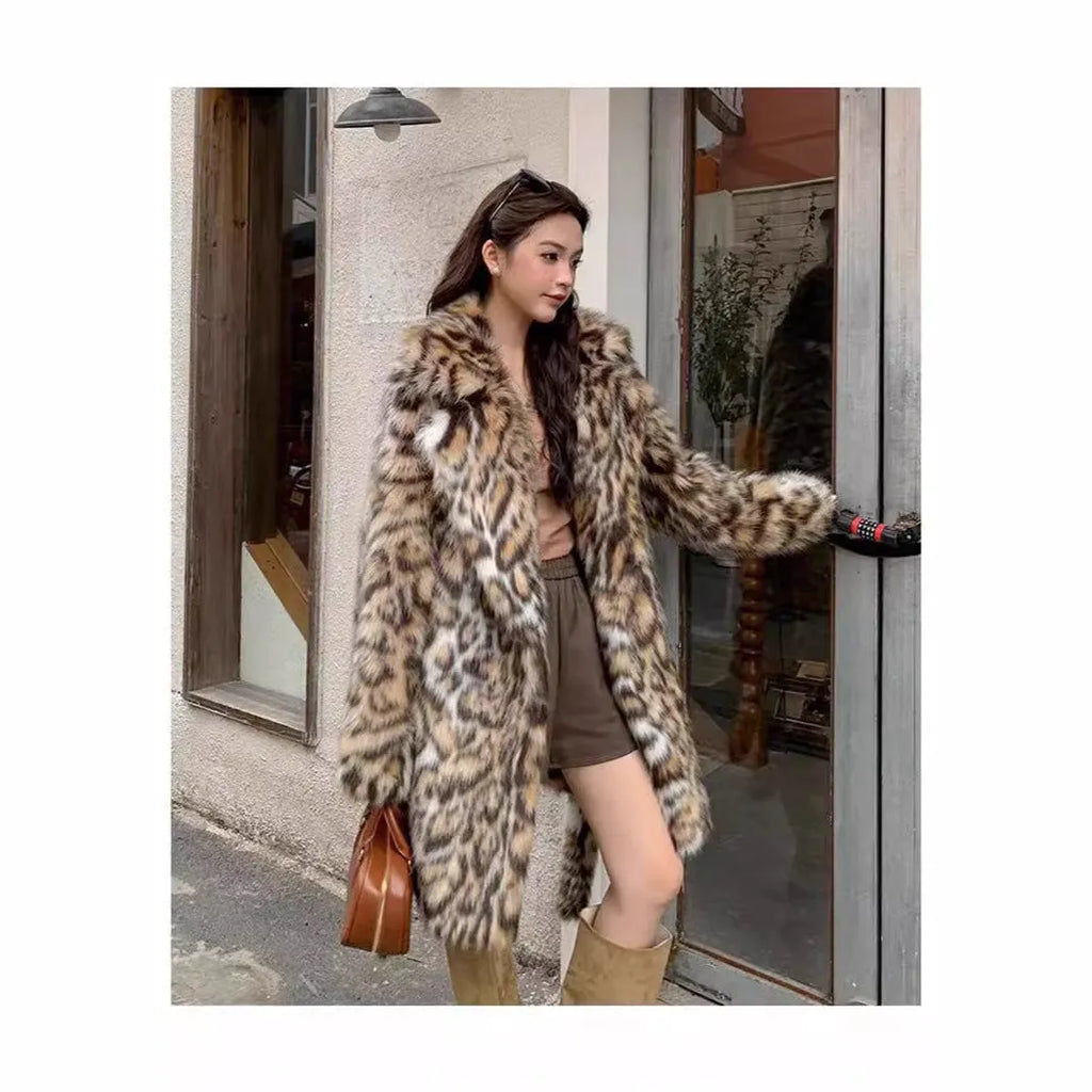 Faux fur street fashion coat with fur collar in long and mid-length styles