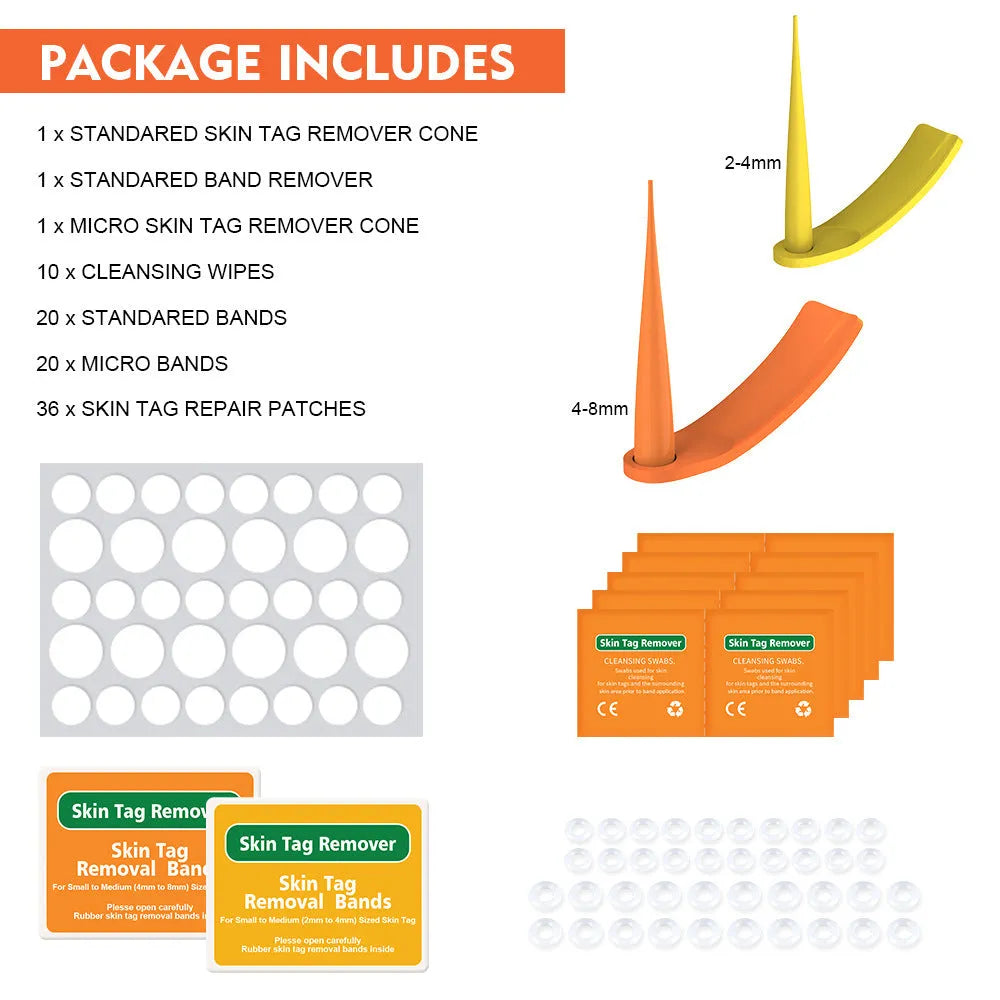 Wart removal tool kit in orange and yellow with two removal devices, cones, rubber rings, alcohol swabs, and repair sticker