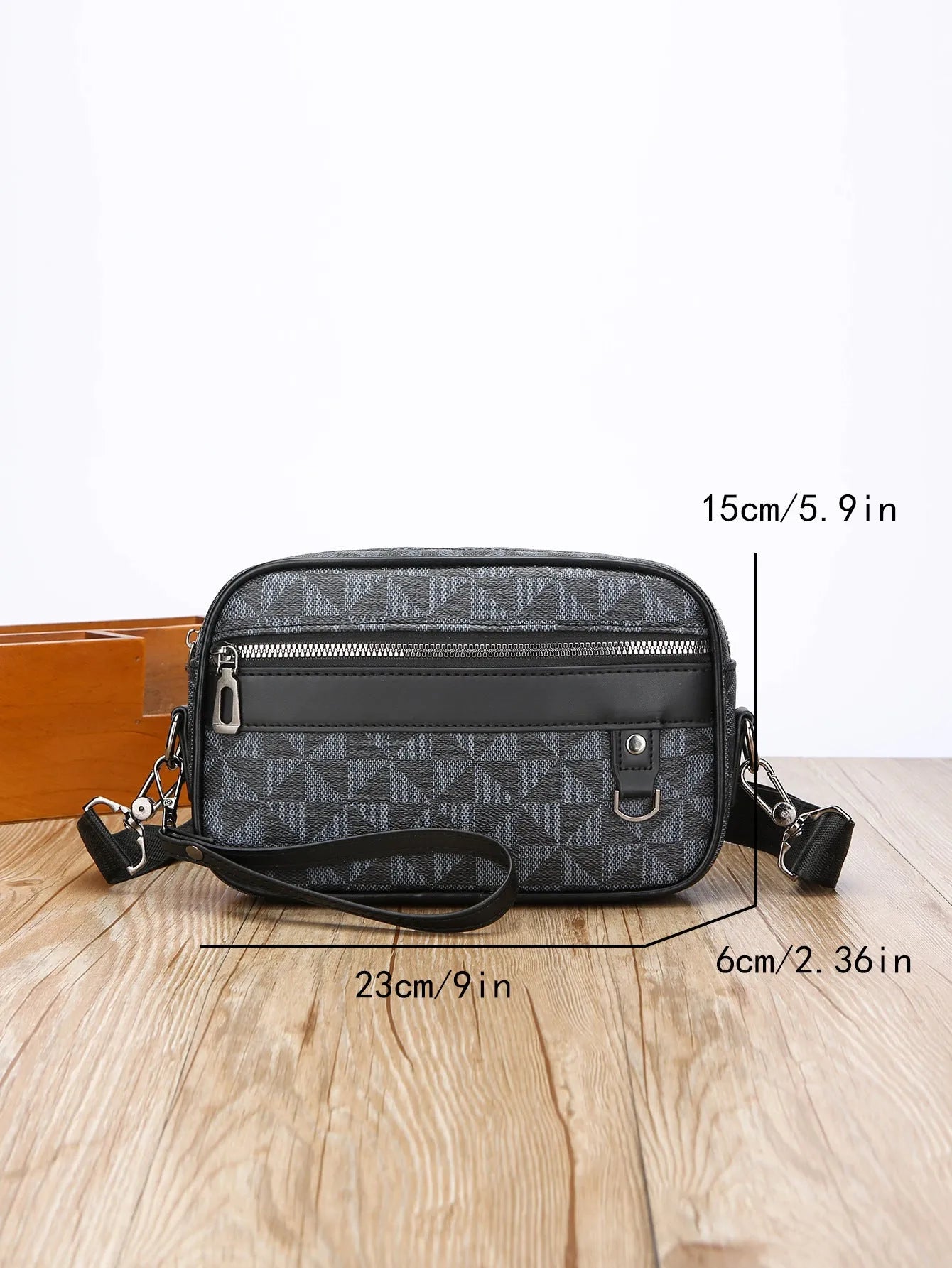 Men's casual shoulder messenger bag in black PU with geometric pattern, large capacity, and top handle