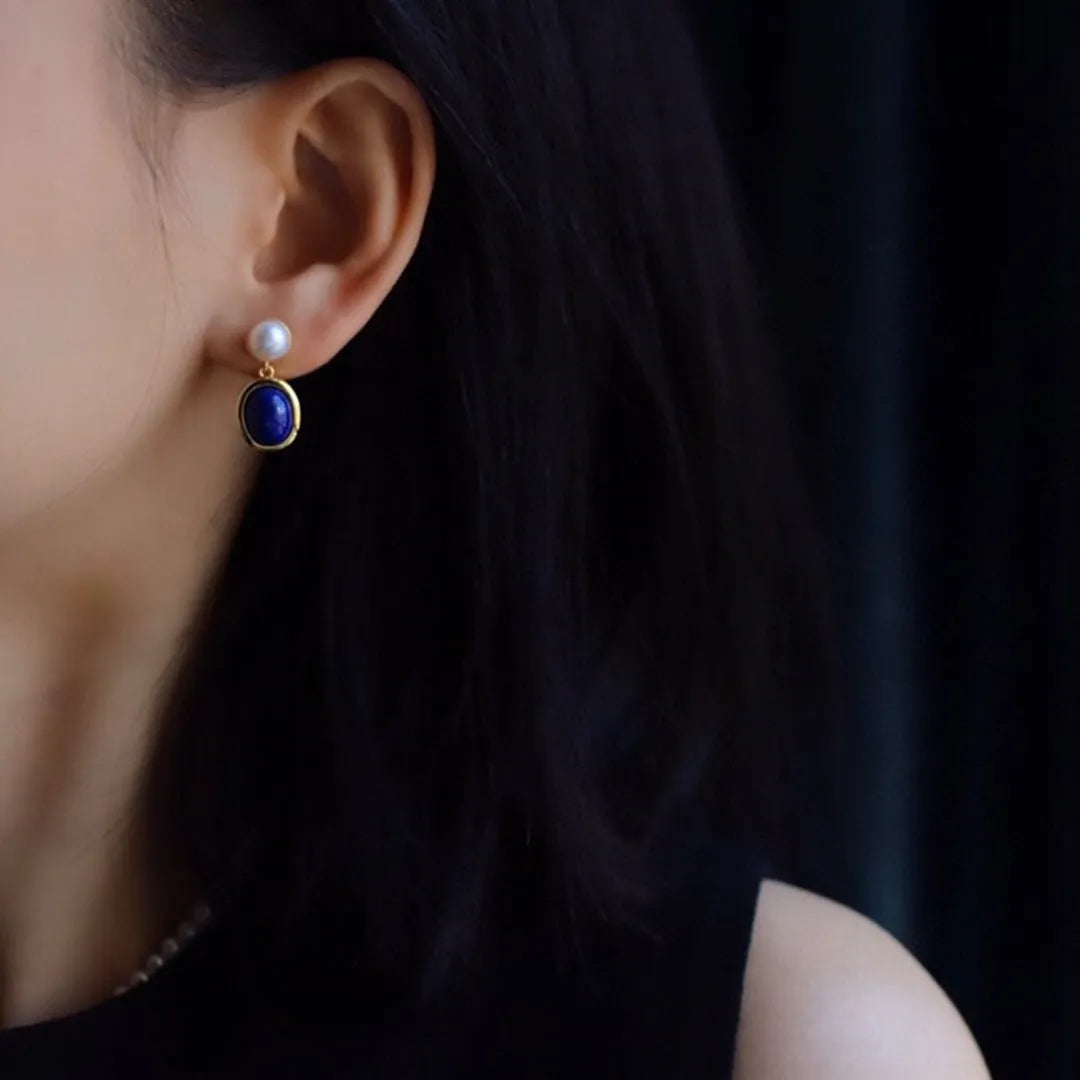 Pair of lapis lazuli pearl earrings in 925 silver setting with auspicious patterns