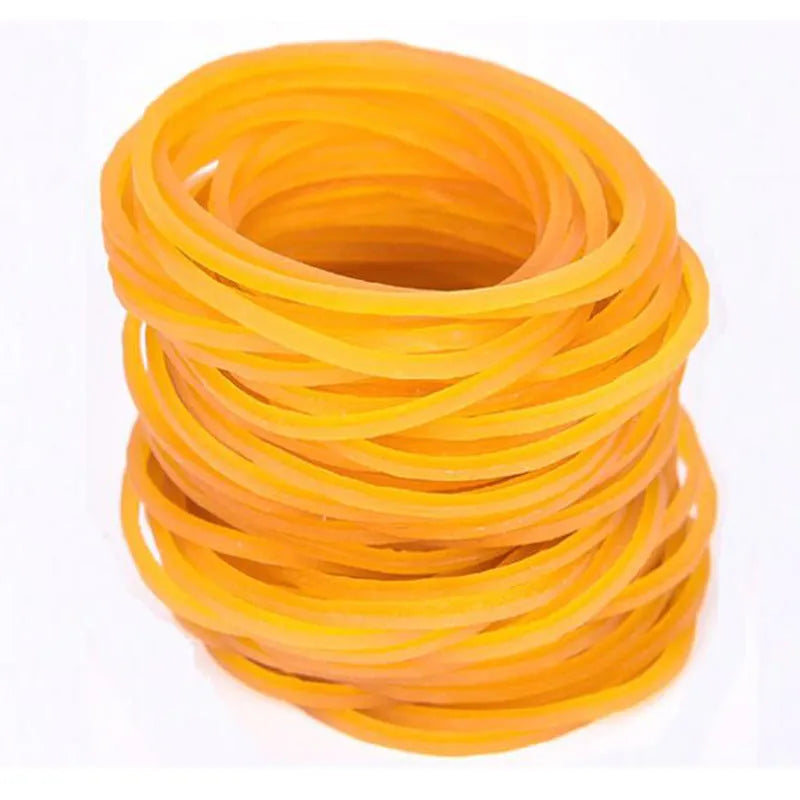 500g pack of assorted size yellow rubber bands showing diameters from 25mm to 70mm