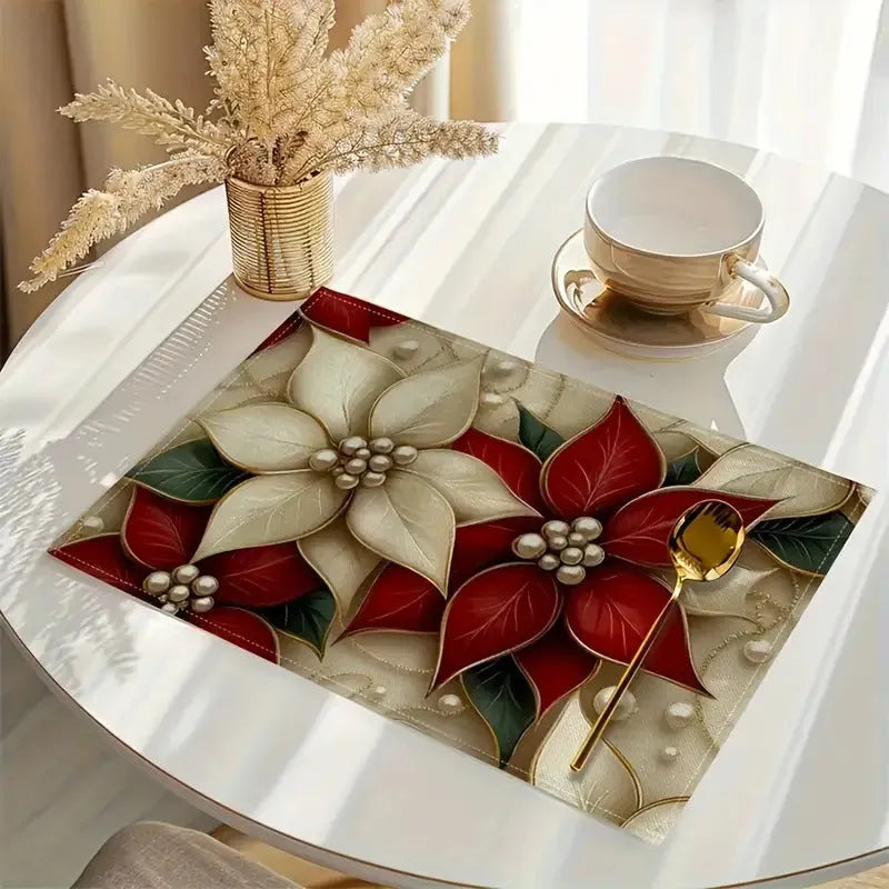 Square linen Christmas placemat with tree print, 30x45cm, in a holiday table setting