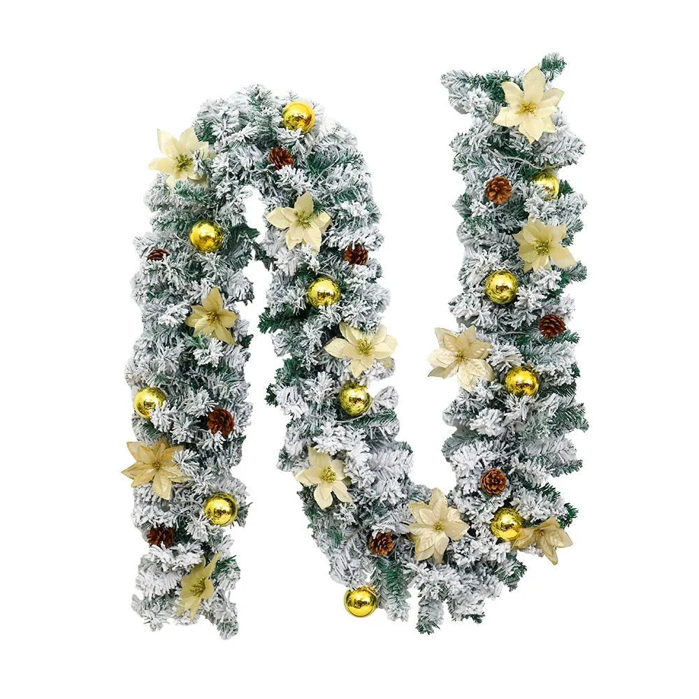 Flocked PVC Christmas rattan garland with 240 colourful heads draped over a mantelpiece