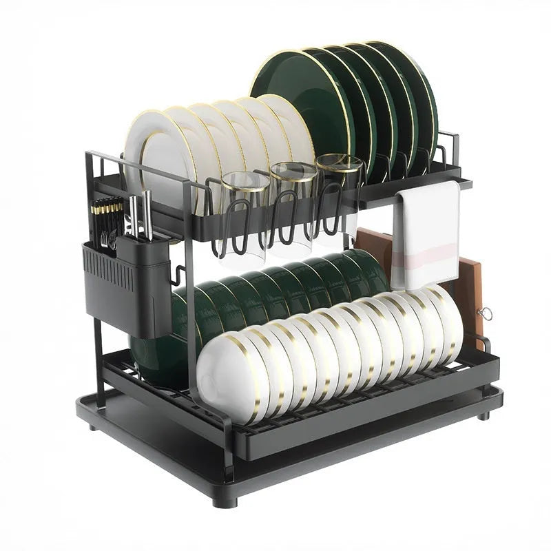 White and black double-layer kitchen storage rack with removable shelves made from carbon steel.