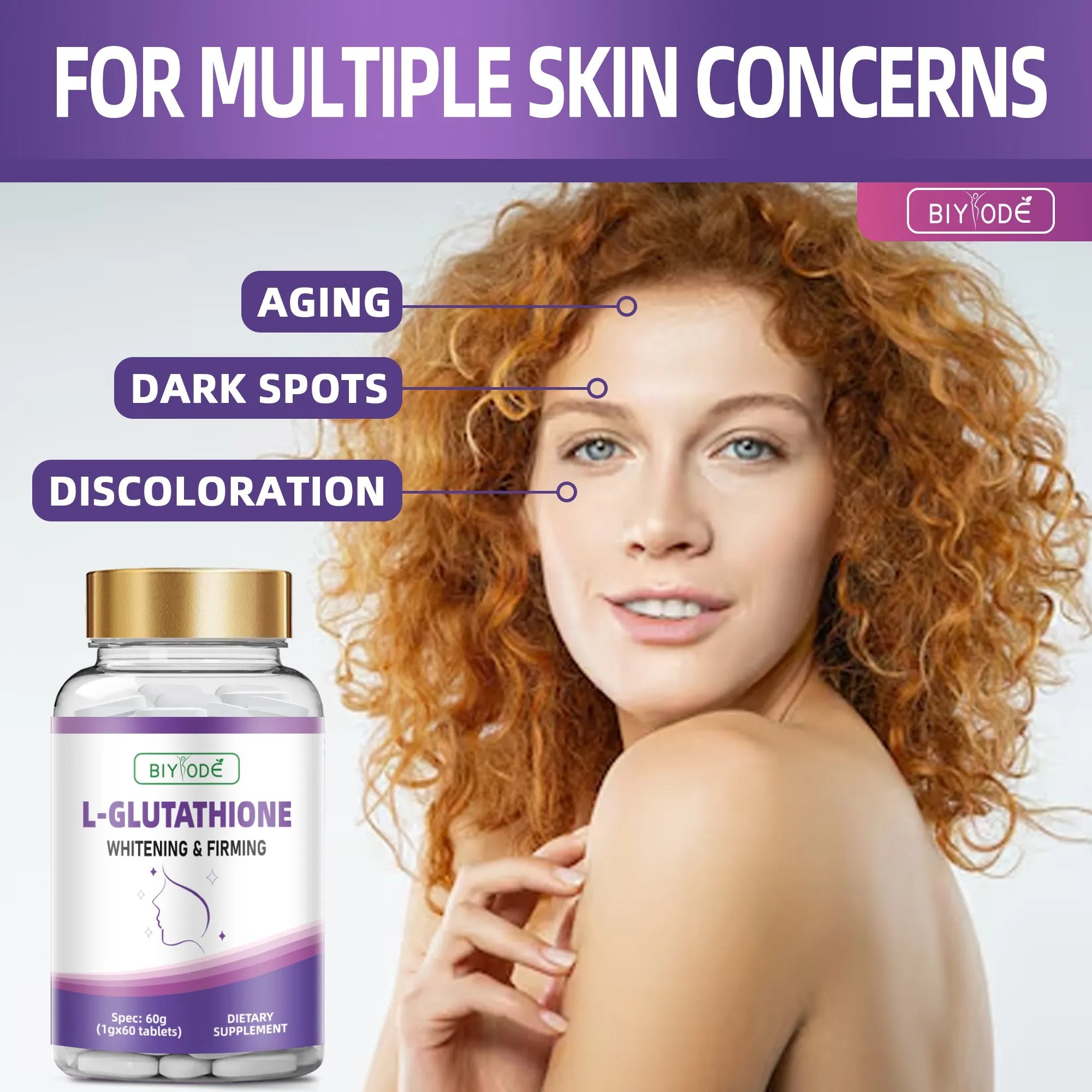 Bottle of Biyode L-Glutathione Tablets 60 tablets for skin whitening and firming original flavour