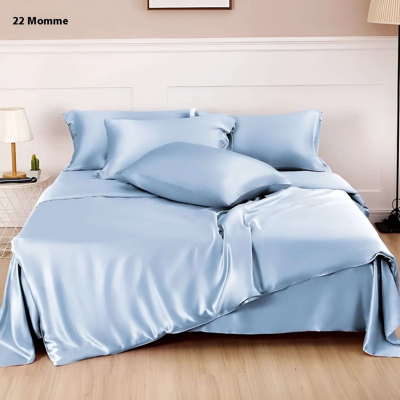 Double-sided solid colour silk duvet cover shown in Lotus Pink, pea green, bright brown, purple, white, or blue.
