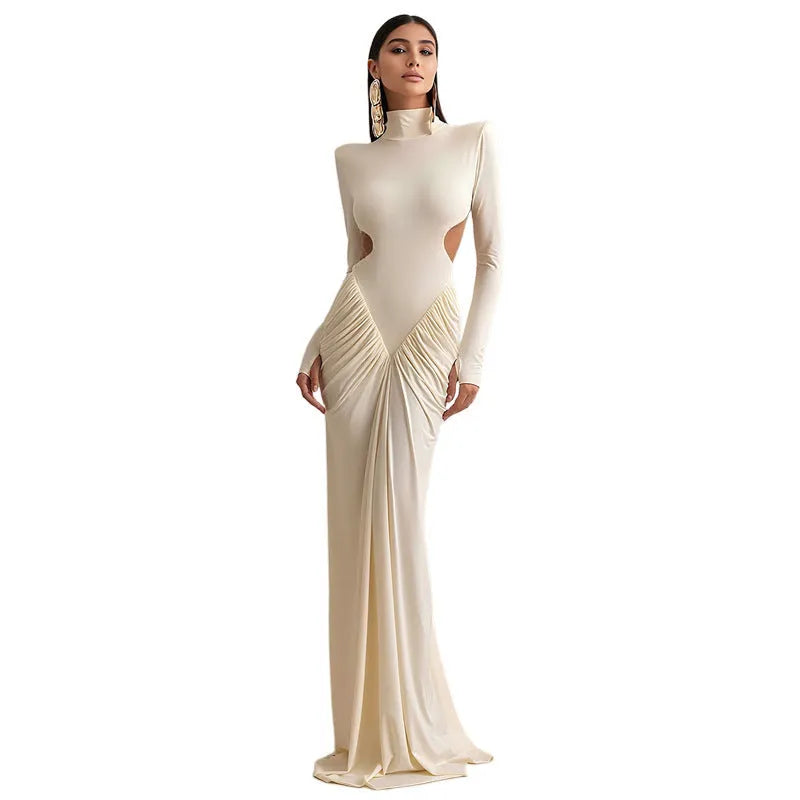 Women's slim fit high collar backless dress with long sleeves and pleated detail
