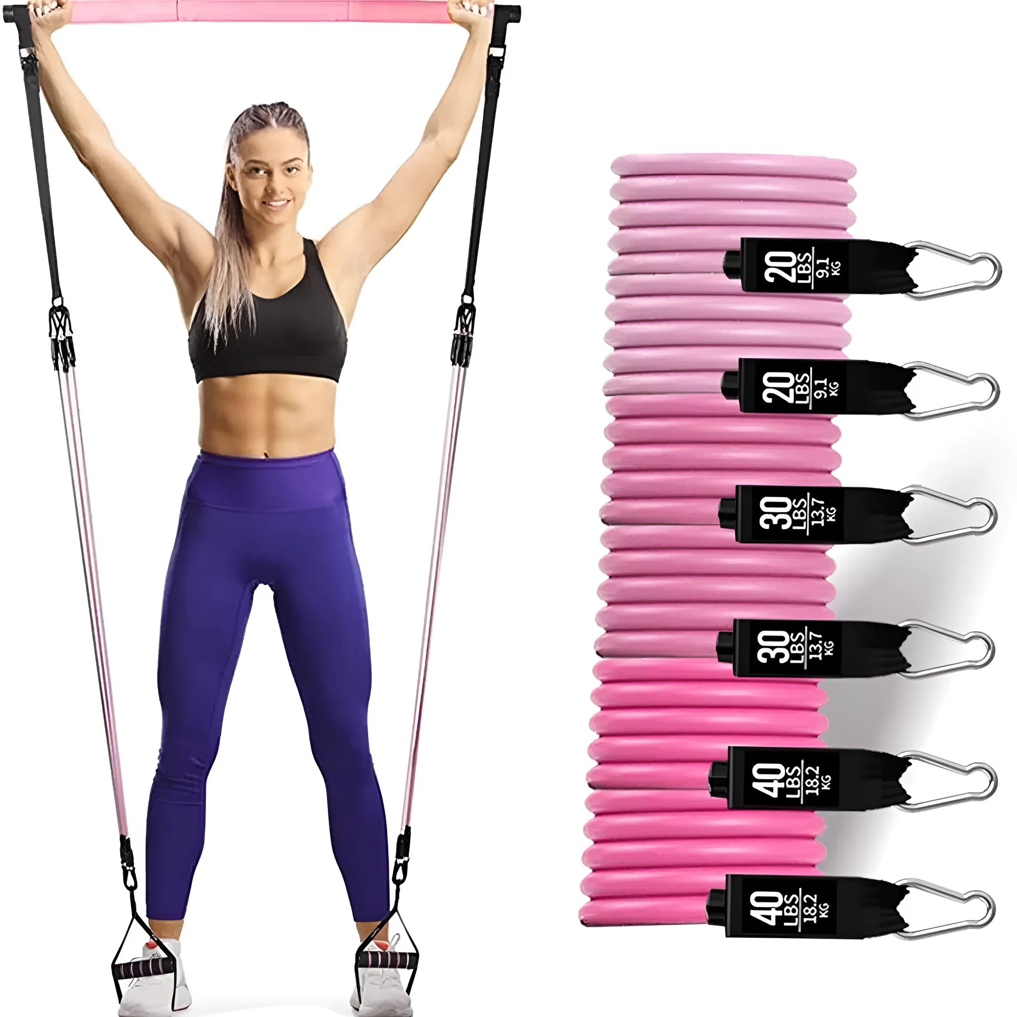 Yoga gymnastic bar with 180-pound pink resistance band and TPE material construction