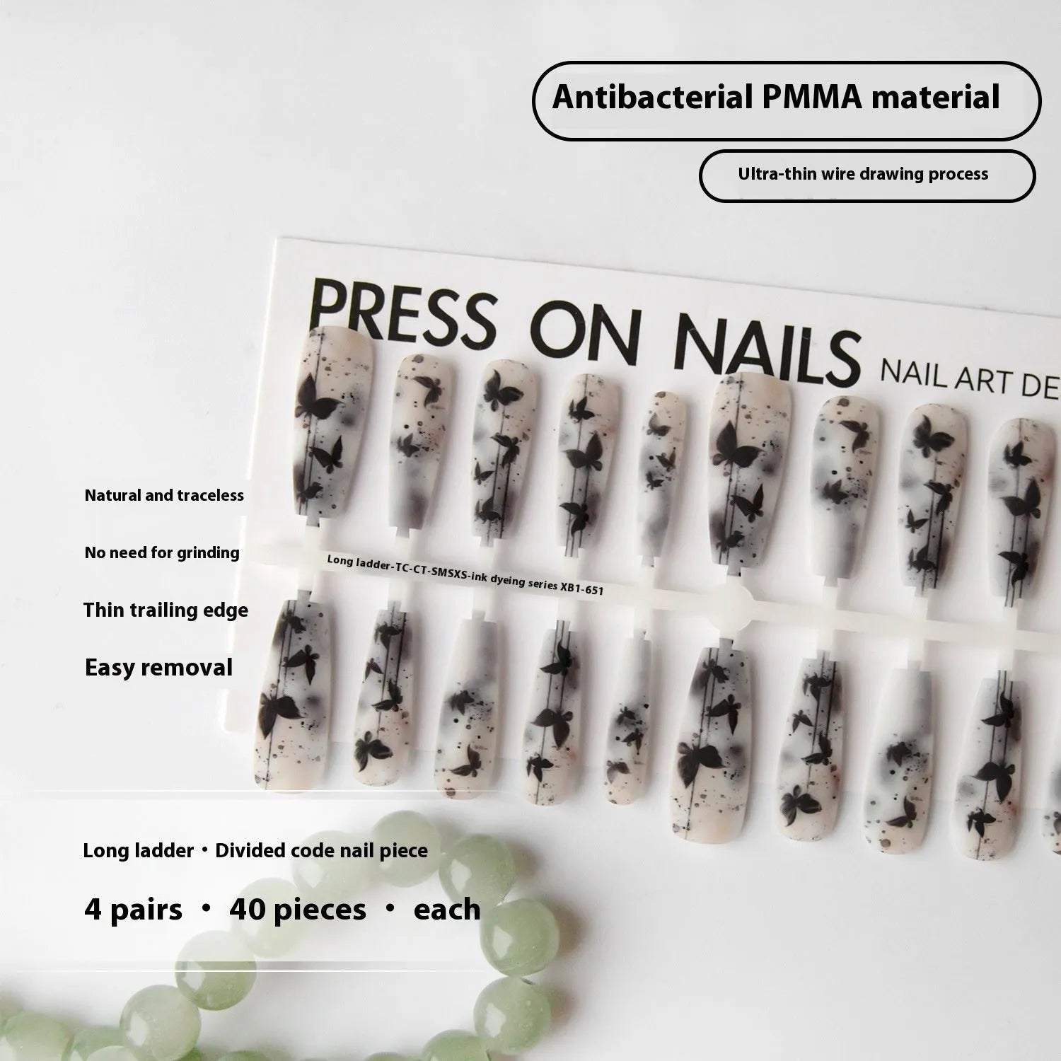 Ink dye long ladder nail stickers with butterfly pattern in glossy sealing layer finish