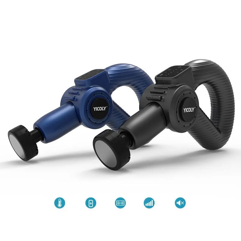 Black smart muscle massage gun with five different coloured massage heads on a table