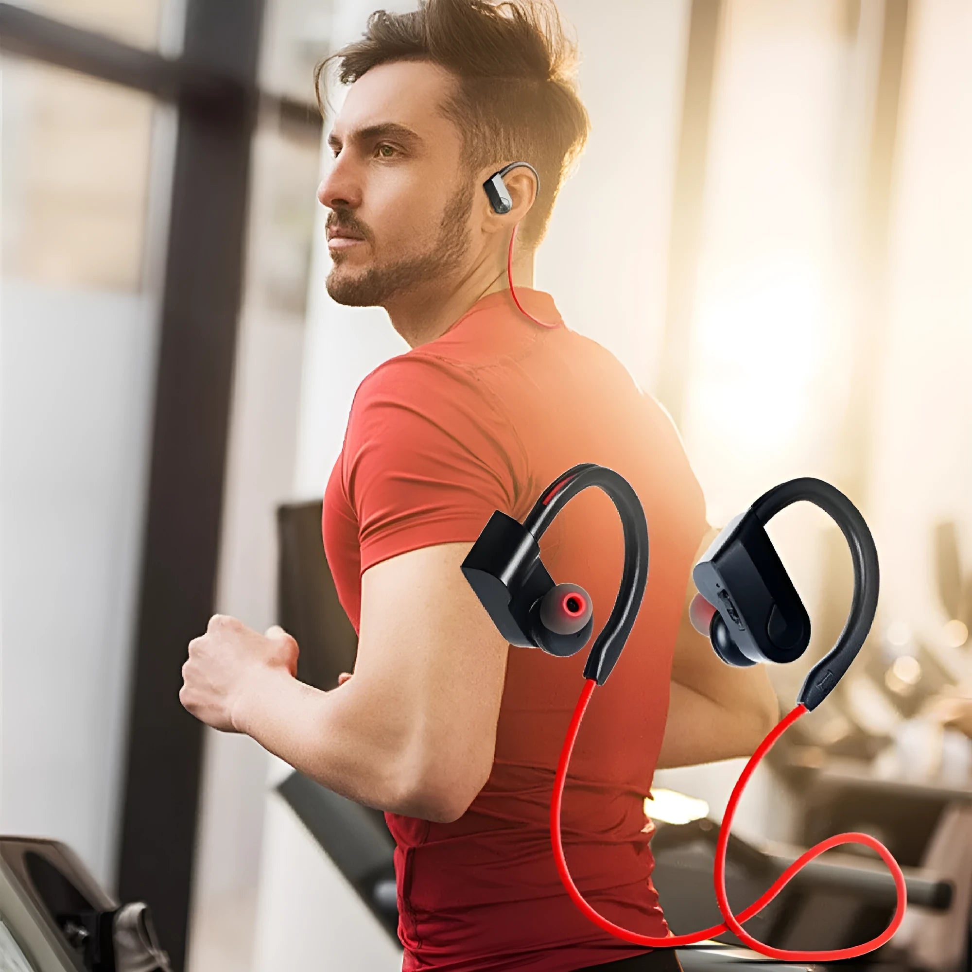 Wireless neck mounted Bluetooth earphones in black colour showing neckband design and earpieces