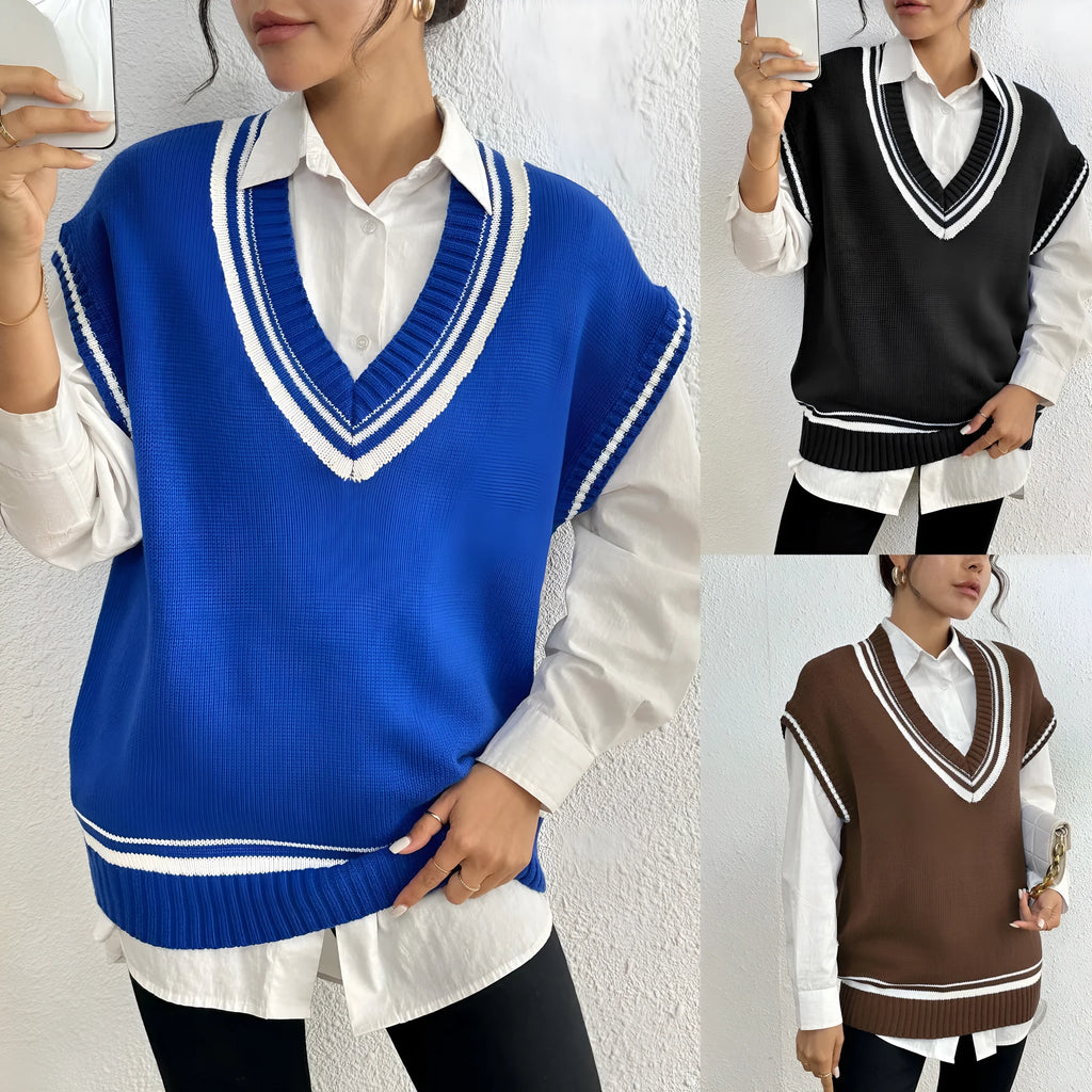Women's college style wool vest sweater in acrylic polyester blend available in three colours