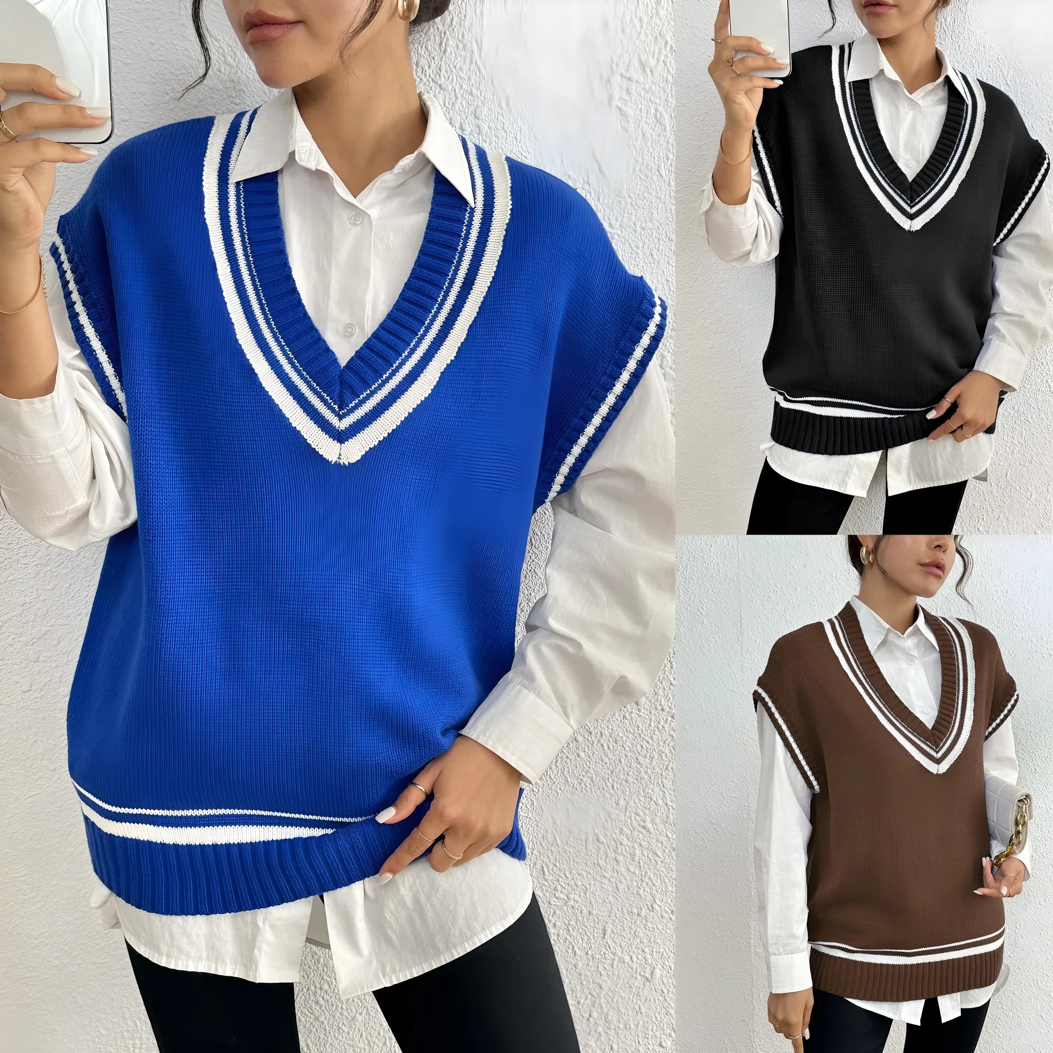 Women's college style wool vest sweater in acrylic polyester blend available in three colours